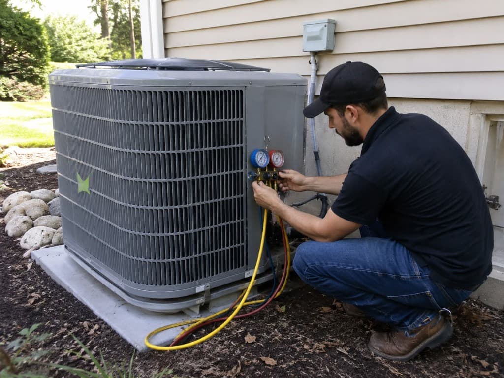Air Conditioning Services - Professional Texas HVAC Service Airnet HVAC technician inspecting outdoor air conditioning condenser unit